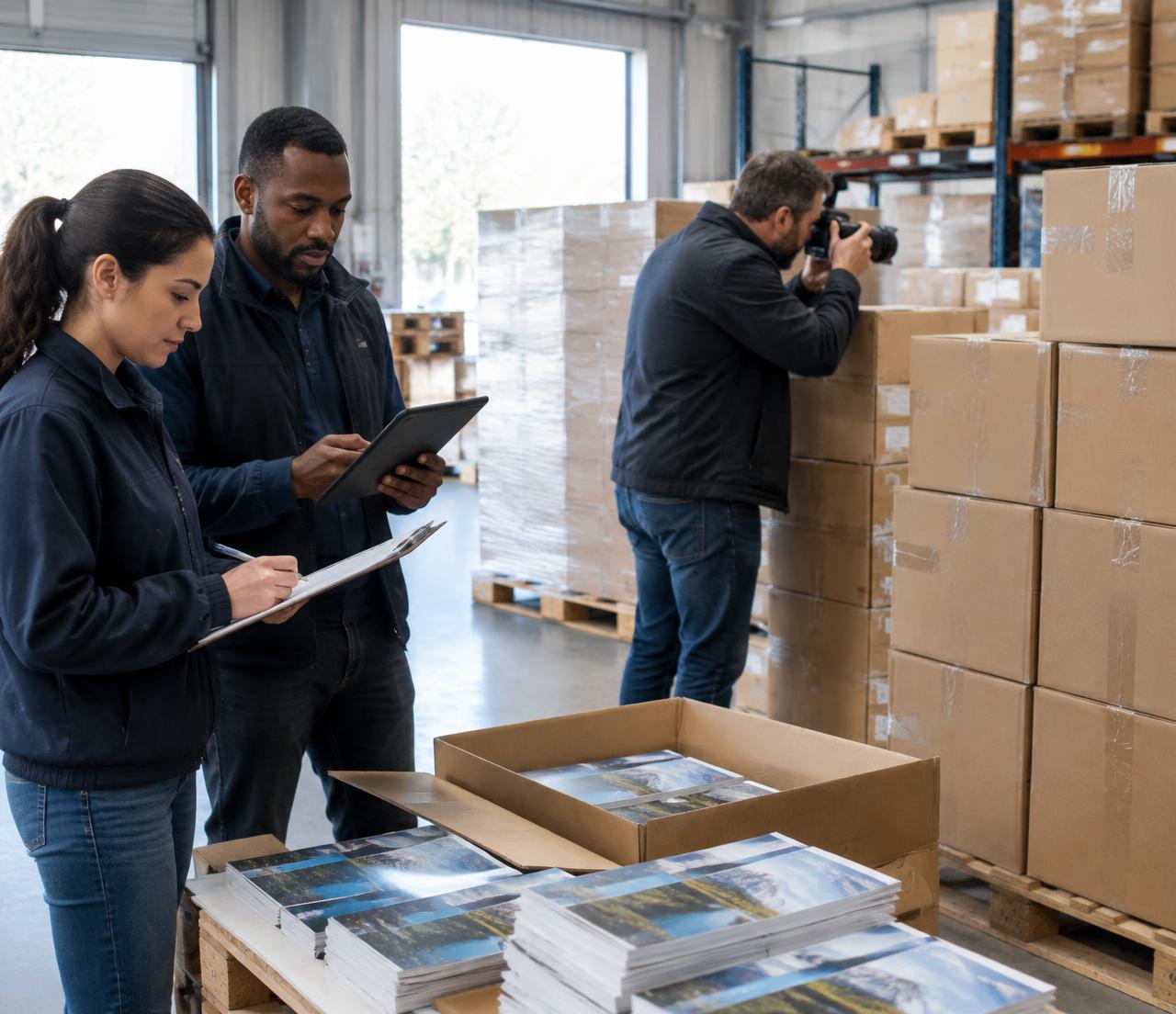 Team checking cartons of publications with a clipboard and tablet while a colleague photographs stock