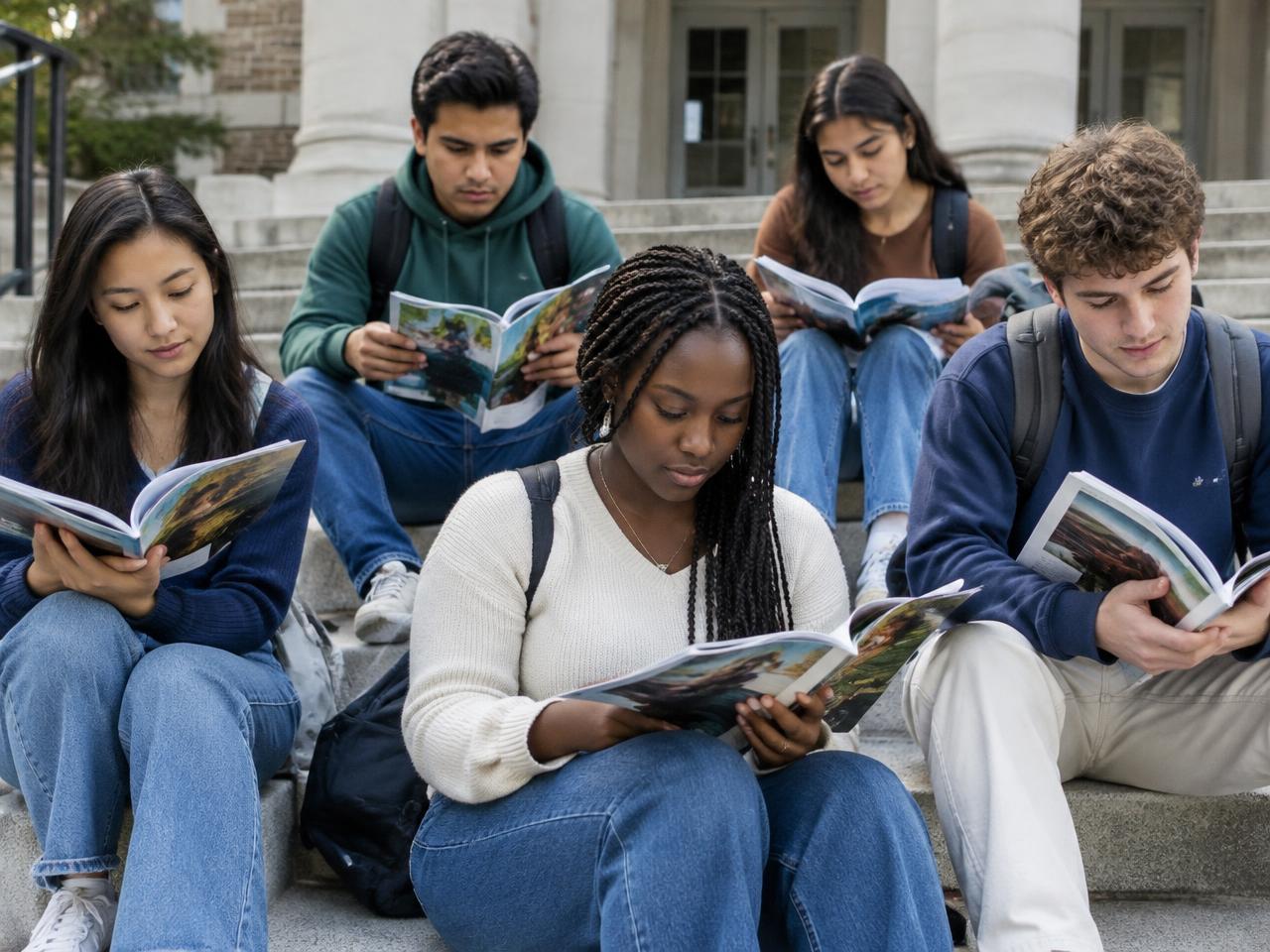 Diverse university students reading printed magazines on campus steps